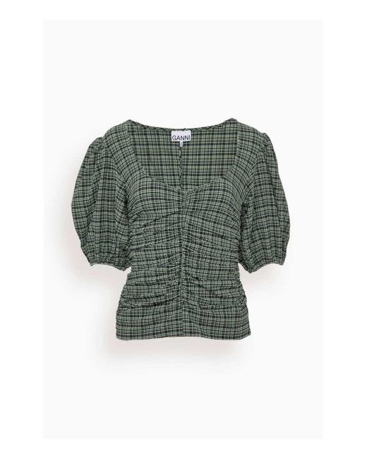 Ganni Synthetic Stretch Seersucker Blouse In Mini Check Green Bay | Lyst