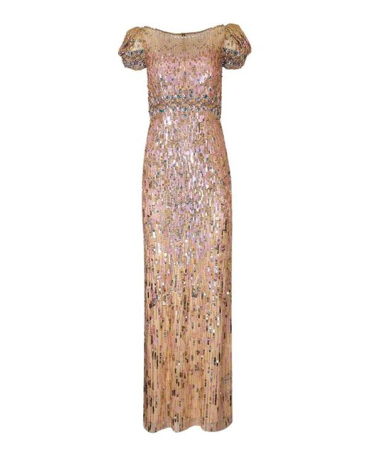 Jenny Packham Synthetic Sungem Ruched Slv Bead Gown in Metallic | Lyst