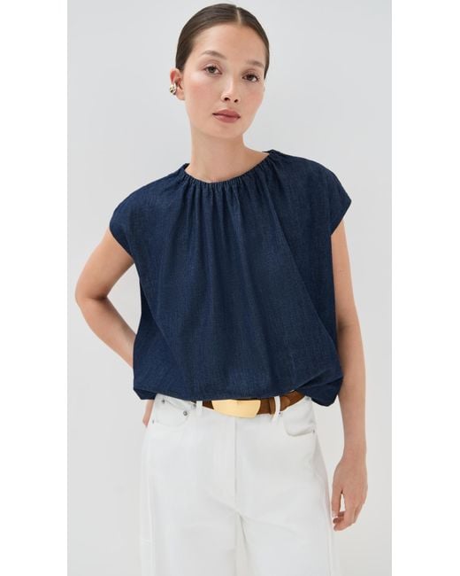 Tibi Blue Summer Denim Shirred Neck Circular Top