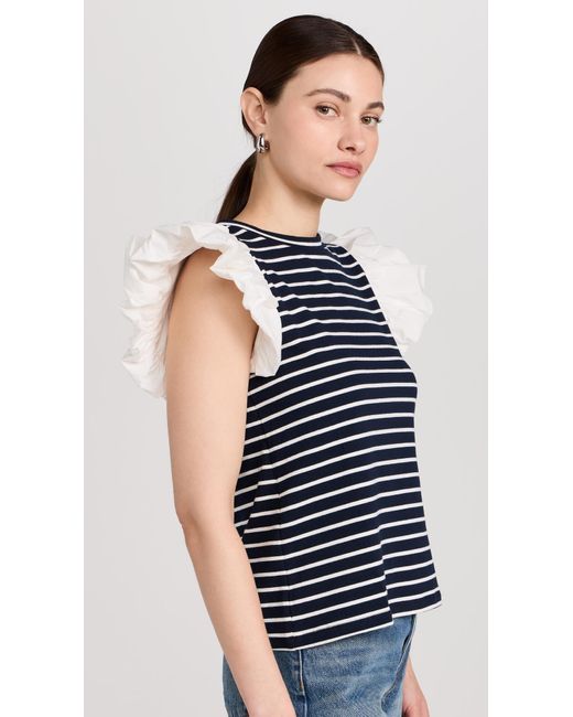 English Factory Blue Englih Factory Tripe Knit With Poplin Puff Leeve Top