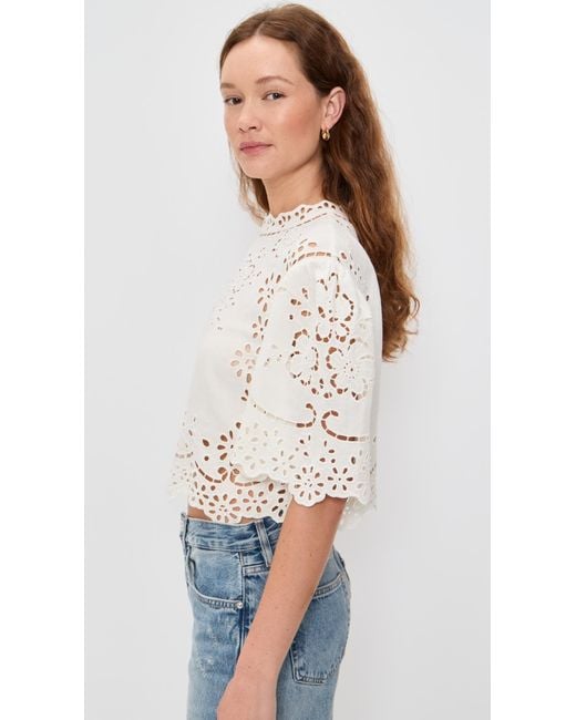 Sea White Lula Embroidery Short Sleeve Top