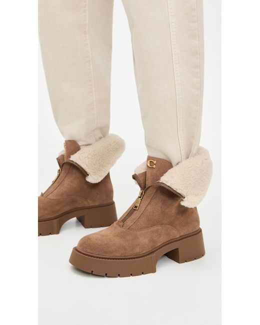 COACH Natural Leah Platform Suede Shearling Zip Booties