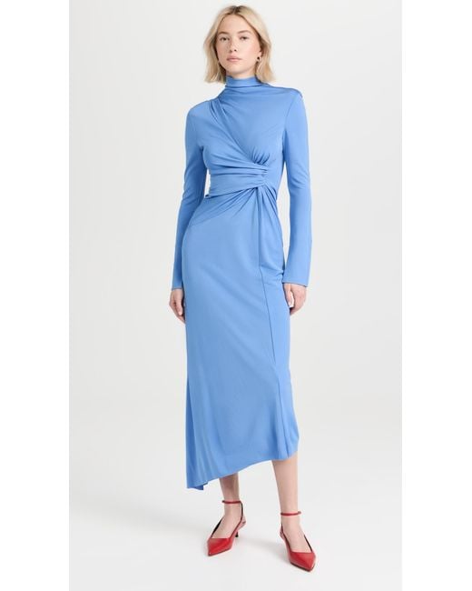 Victoria Beckham Blue High Neck Asymmetric Draped Dress
