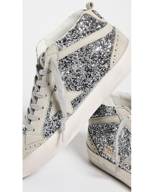 Golden Goose Deluxe Brand White Mid Star Glitter Upper Suede Toe Star Wave Heel And Spur Sneakers