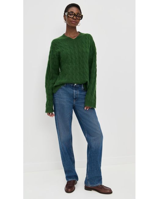 Re/done Green Cable V Neck Cashmere Pullover