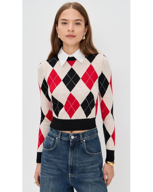 Alice + Olivia Red Carolann Argyle Pullover With Woven Collar
