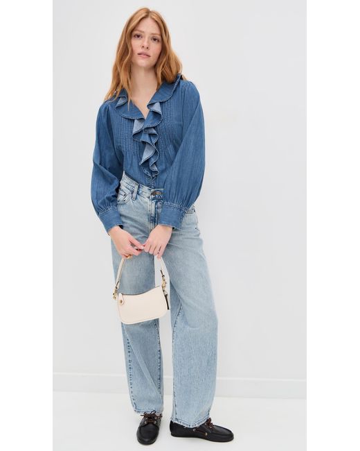 Madewell Blue Denim Ruffled Pintuck Top