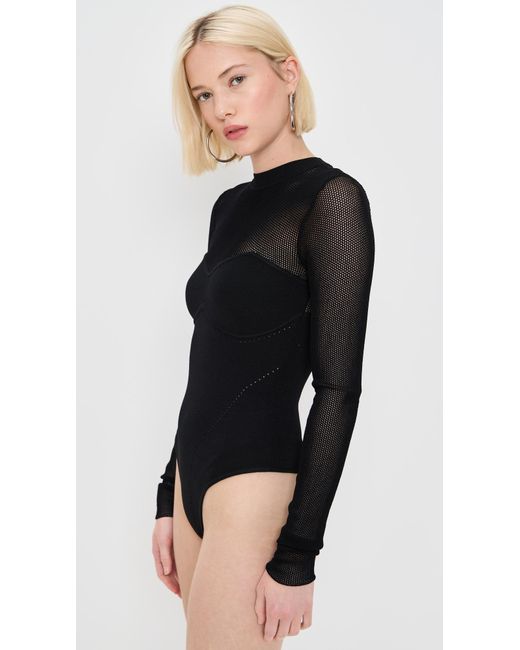 Fleur du Mal Black Knit Long Sleeve Cupped Thong Bodysuit
