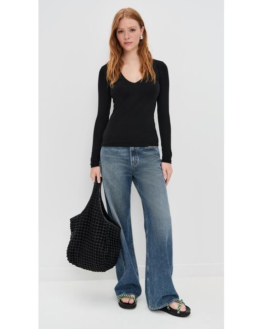 James Perse Black Stretch Rib Double Front Deep V Tee