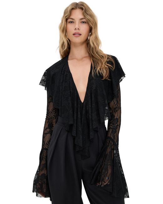 Norma Kamali Black Long Sleeve Deep V Ruffle Bodysuit