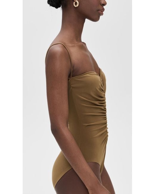 Norma Kamali Brown Strapless Shirred Front Mio One Piece