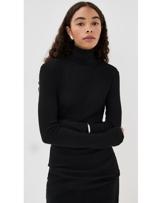 Tibi Black Feather Weight Ribbed Sweater Turtle Neck Pullover