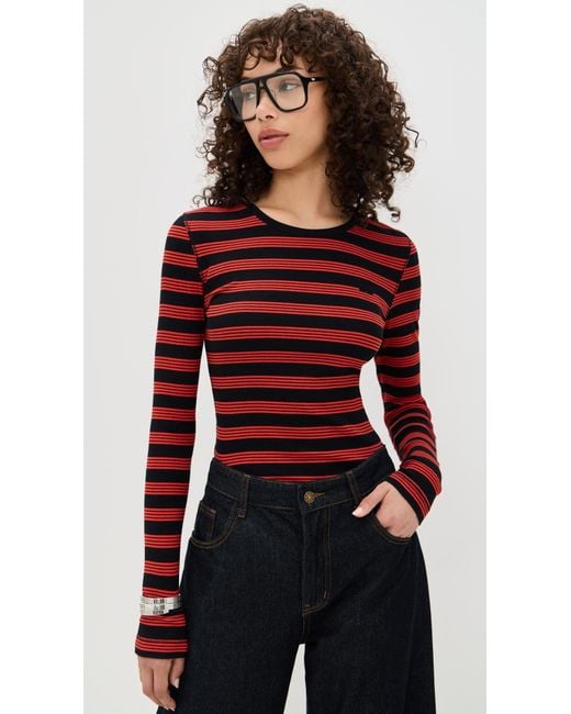 Ganni Soft Cotton Rib Striped Long Sleeve Tee in Red | Lyst