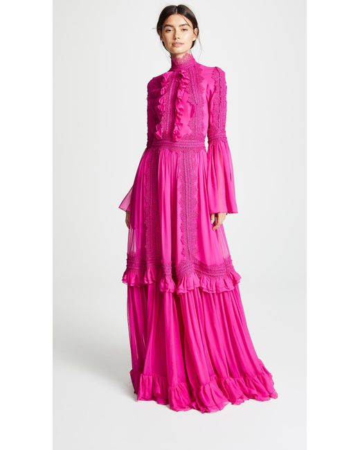 Costarellos Pink Guipure Lace-paneled Ruffled Silk-chiffon Gown