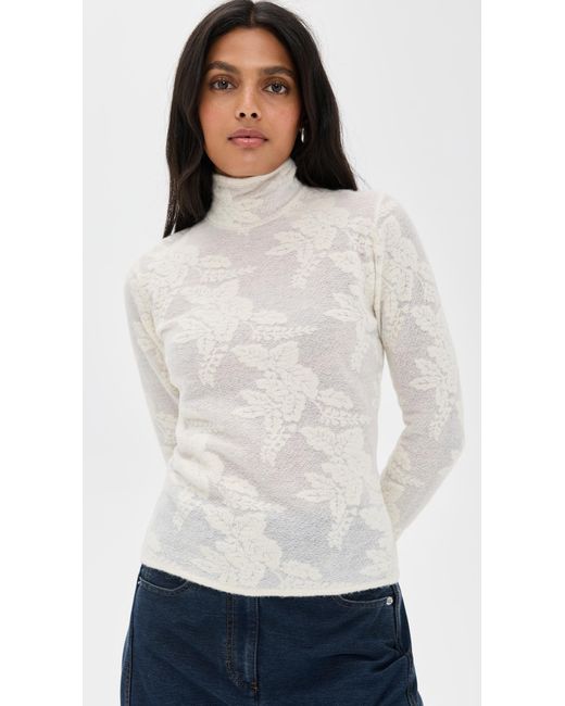 Ganni Sheer Flower Jacquard Mock Neck in White | Lyst