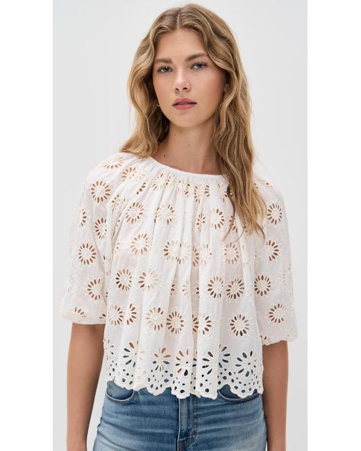 Madewell White Embroidered Shirred Puff-Sleeve Top