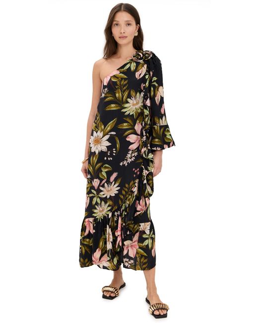 Farm Rio Black One Shoulder Ruffled Maxi Dress
