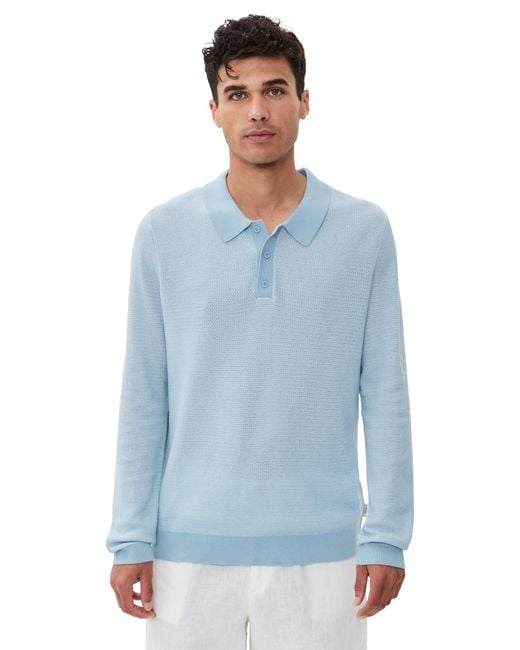 Onia Blue Cotton Textured Knit Long Sleeve Polo for men