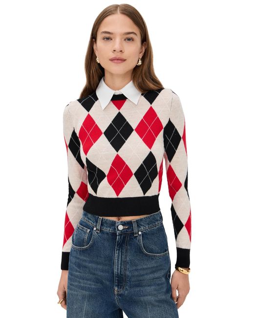 Alice + Olivia Red Carolann Argyle Pullover With Woven Collar