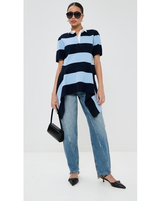 Monse Blue Striped Cascade Half Placket Knitted Top