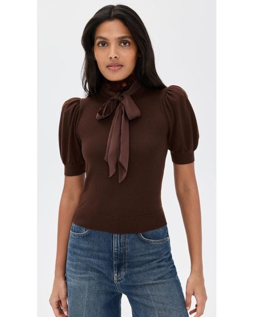 Alice + Olivia Red Chase Puff Sleeve Ruffle Neck Sweater