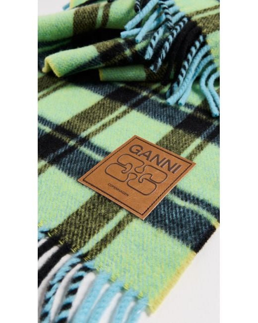 Ganni Double Face Wool Check Scarf in Green | Lyst