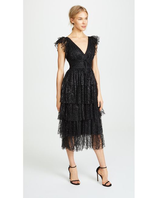 Marchesa notte Black Flutter Sleeve Cocktail Dress