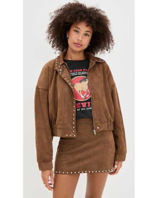 Moon River Brown Stud Detail Zipper Front Faux Suede Jacket