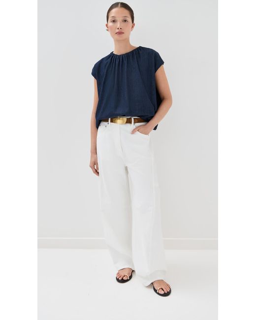 Tibi Blue Summer Denim Shirred Neck Circular Top