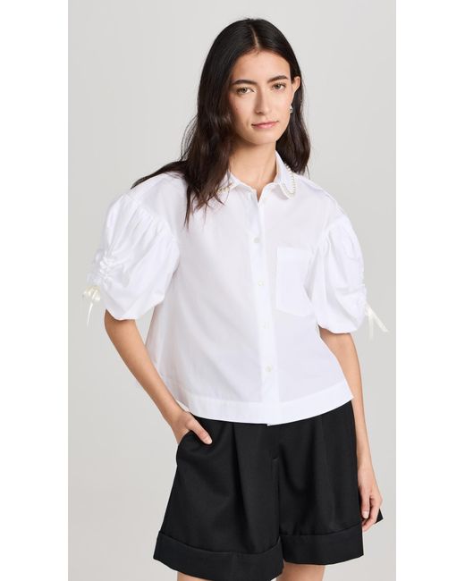 Simone Rocha White Beaded Cropped Puff Sleeve Shirt W/ Ruched Bow