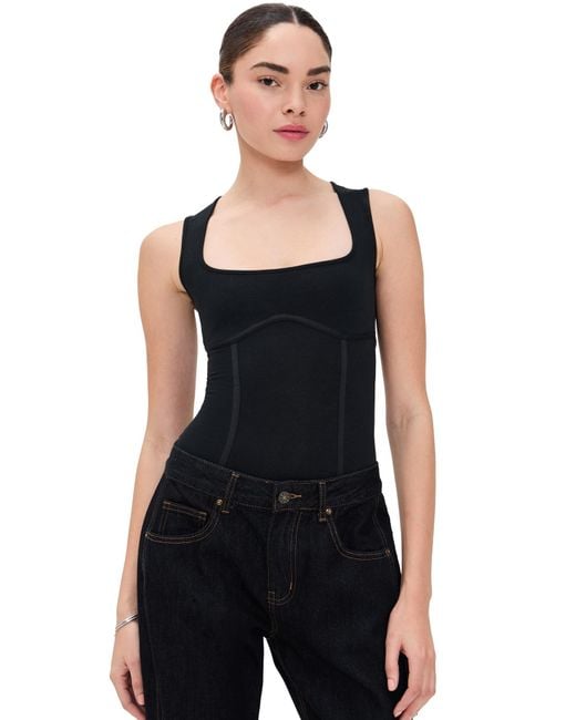 Fleur du Mal Black Cotton Scoop Neck Thong Bodysuit