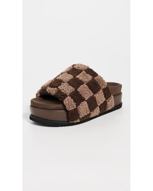 Roam Brown Fuzzy Checker Stack Slippers
