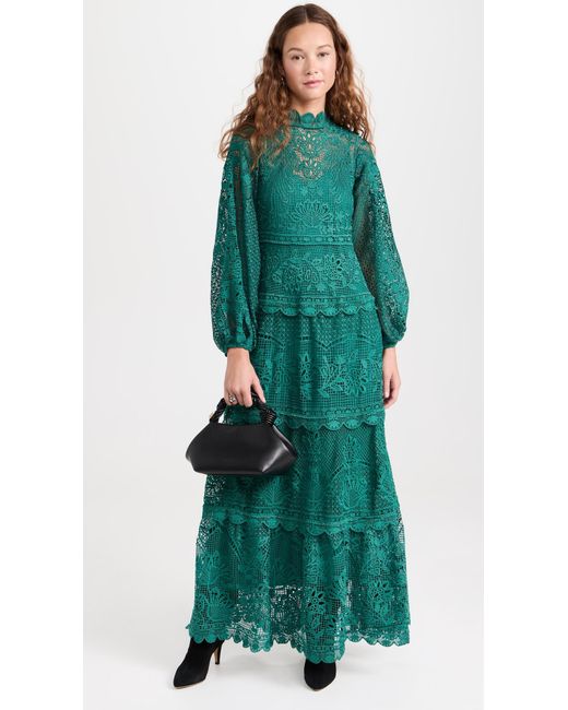 Farm Rio Green Dark Guipure Long Sleeve Maxi Dress