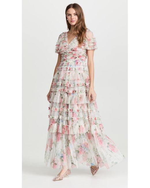 Needle & Thread Multicolor Sweet Posy V Neck Ruffle Gown