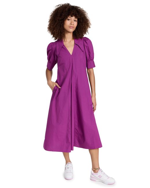 Ganni Purple Cotton Poplin V Neck Dress