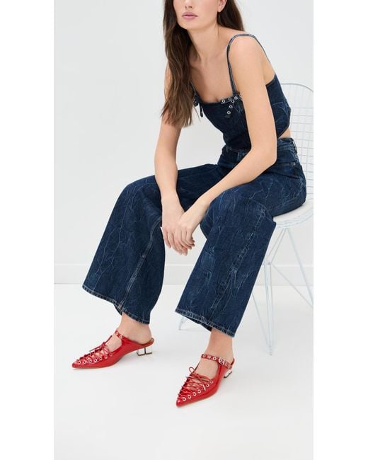 Ganni Eyelets Lace Up Mules in Red | Lyst