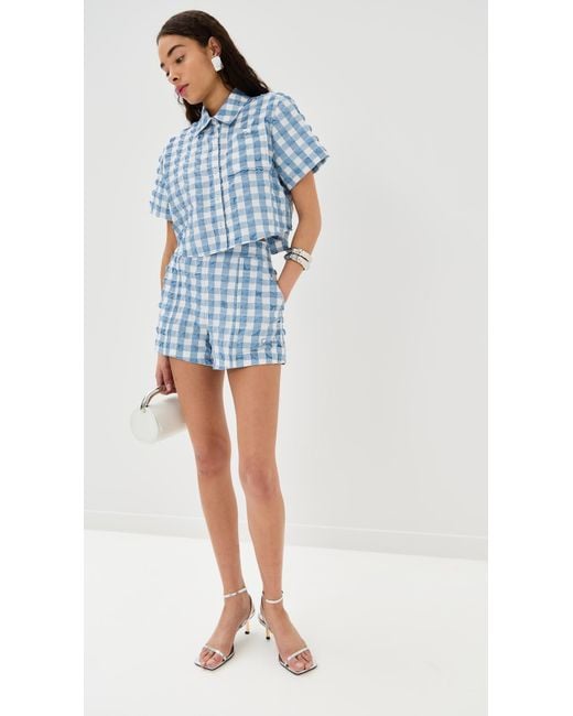 Jonathan Simkhai Blue Solange Short Sleeve Cropped Shirt