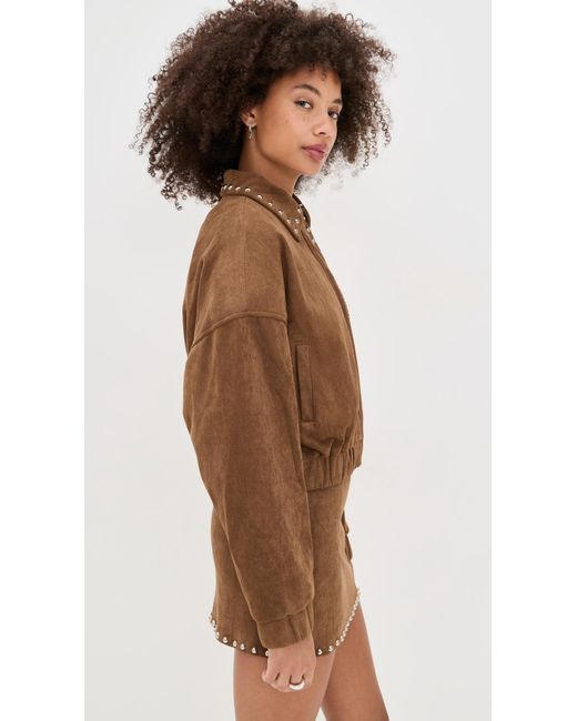 Moon River Brown Stud Detail Zipper Front Faux Suede Jacket