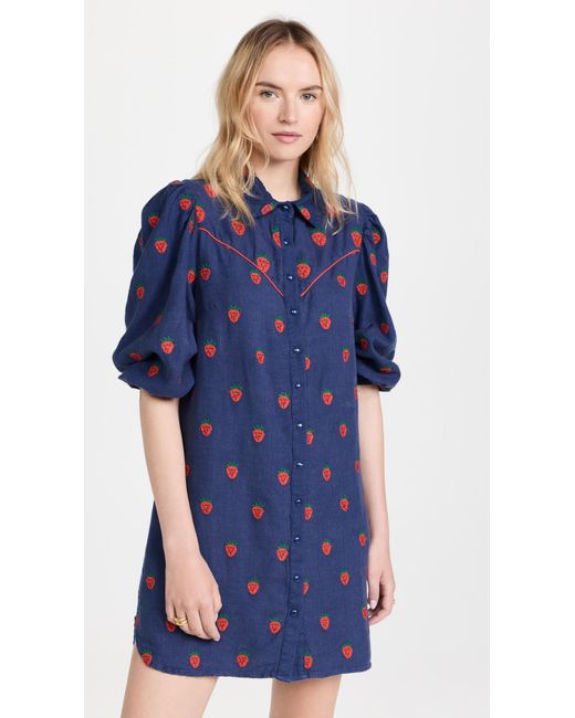 FARM Rio Linen Strawberry Cross Stitch Mini Dress in Navy Blue (Blue