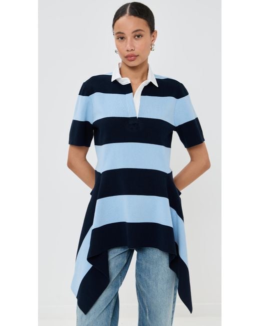 Monse Blue Striped Cascade Half Placket Knitted Top