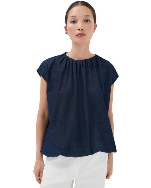 Tibi Blue Summer Denim Shirred Neck Circular Top