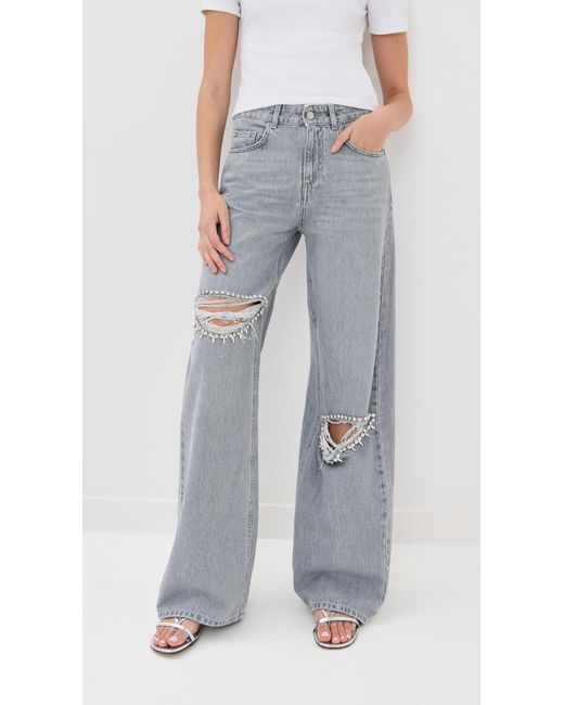 Area Blue Distressed Crystal Relaxed Slit Jeans