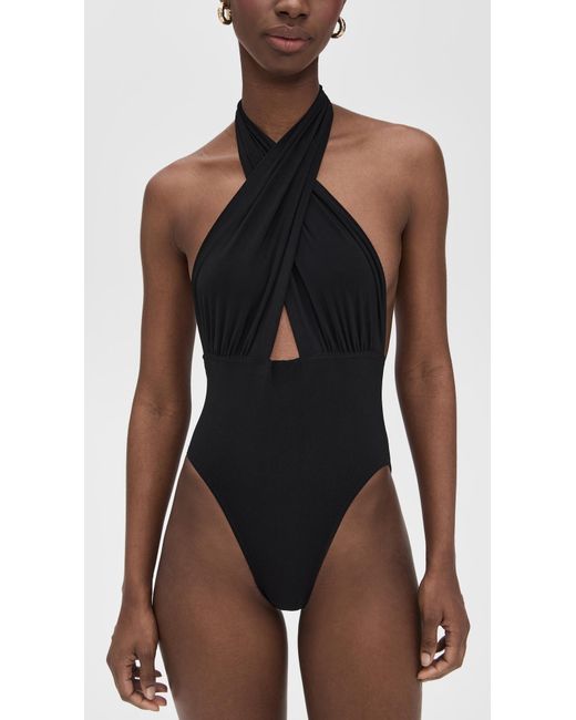 Norma Kamali Black Cross Halter Mio One Piece