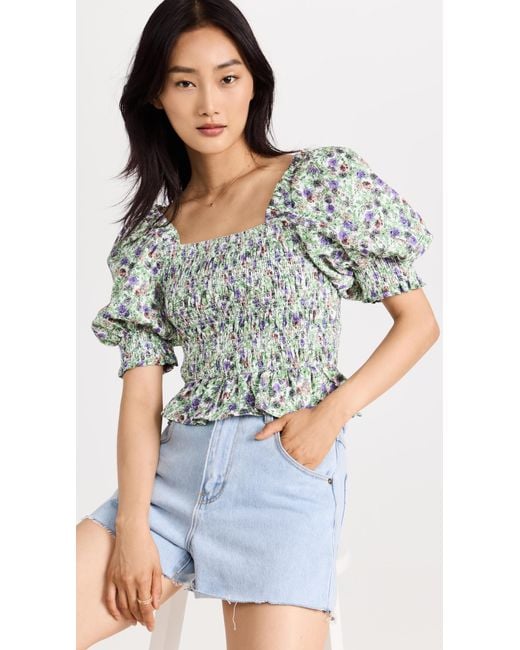 Endless Rose Synthetic Jacquard Floral Smocked Puff Sleeve Top Lyst