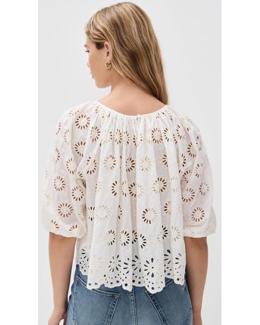 Madewell White Embroidered Shirred Puff-Sleeve Top