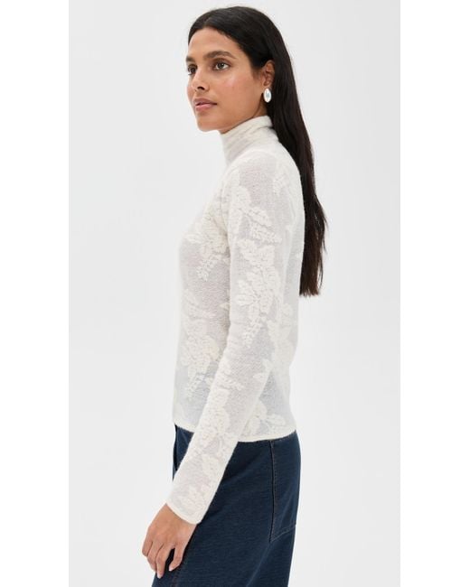 Ganni Sheer Flower Jacquard Mock Neck in White | Lyst