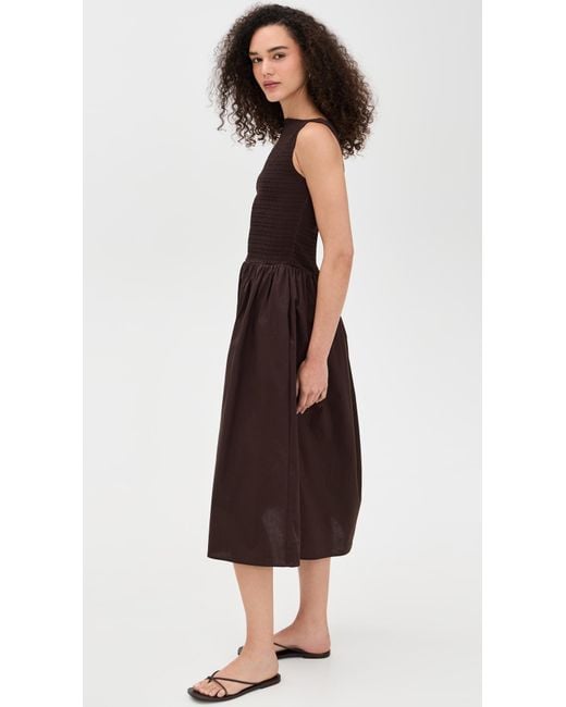 Wayf May Smocked Midi Dress in Brown | Lyst