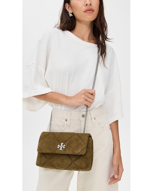 Tory Burch Brown Kira Diamond Quilt Suede Small Convertible Bag