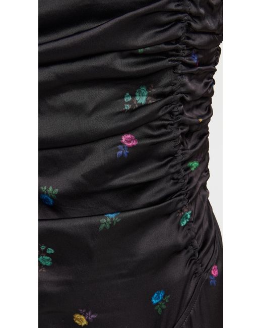 Ganni Black Printed Satin Ruched Long Slip Dress