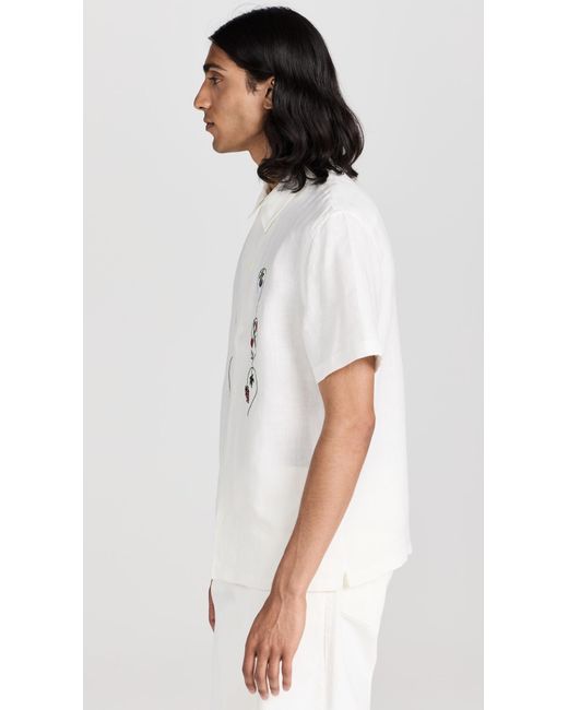 De Bonne Facture White Linen Embroidered Camp Collar Short Sleeve Shirt for men